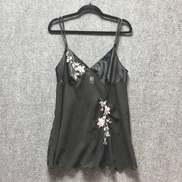 delicates Tops - Delicates Black Floral Embroidered Satin Sheer Camisole Y2K Lingerie Slip Medium